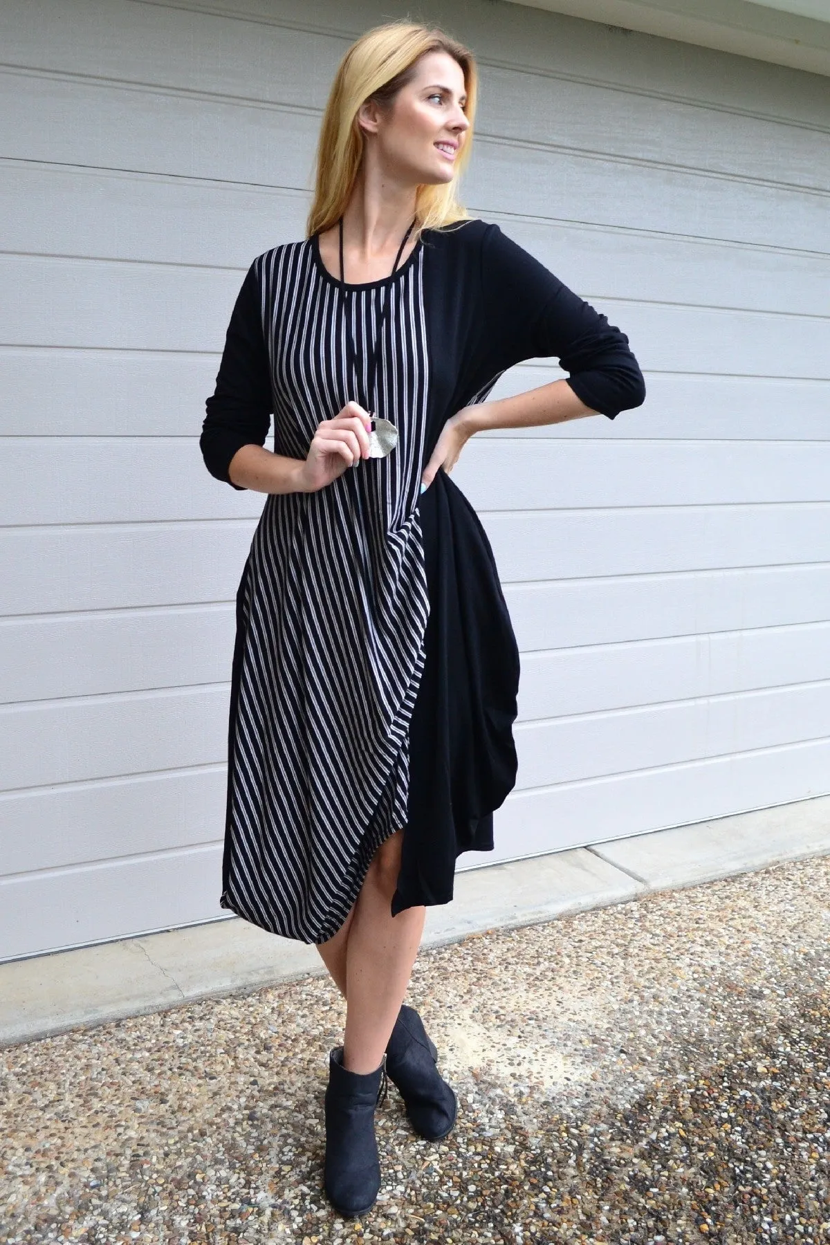 Black 3/4 Sleeve Stripe Jersey Tunic Dress