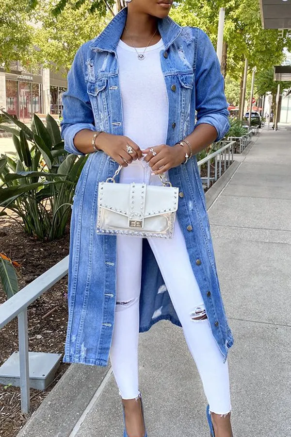 Casual Ripped Longline Denim Jacket