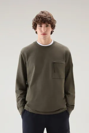 Crewneck In Pure Cotton Fleece With Zip Pocket Dark Green