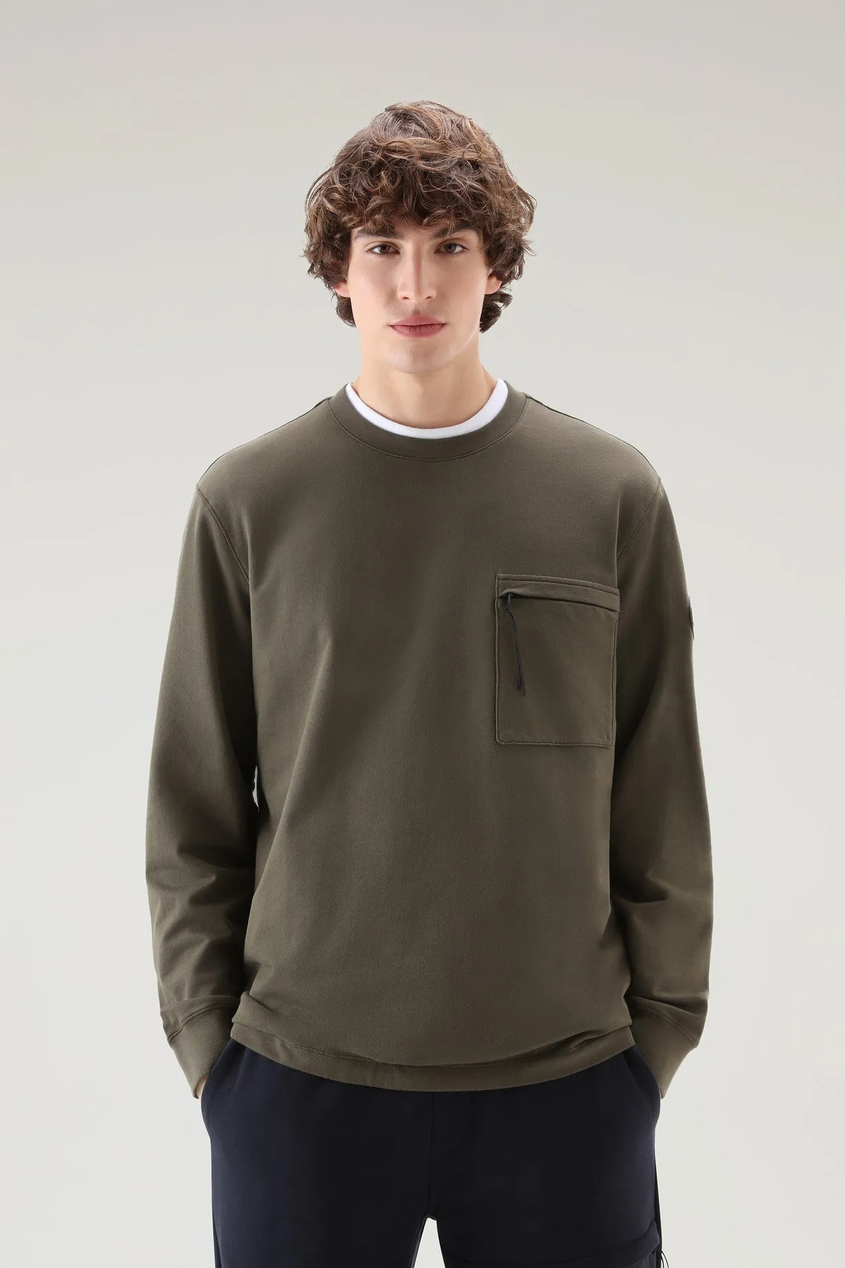 Crewneck In Pure Cotton Fleece With Zip Pocket Dark Green