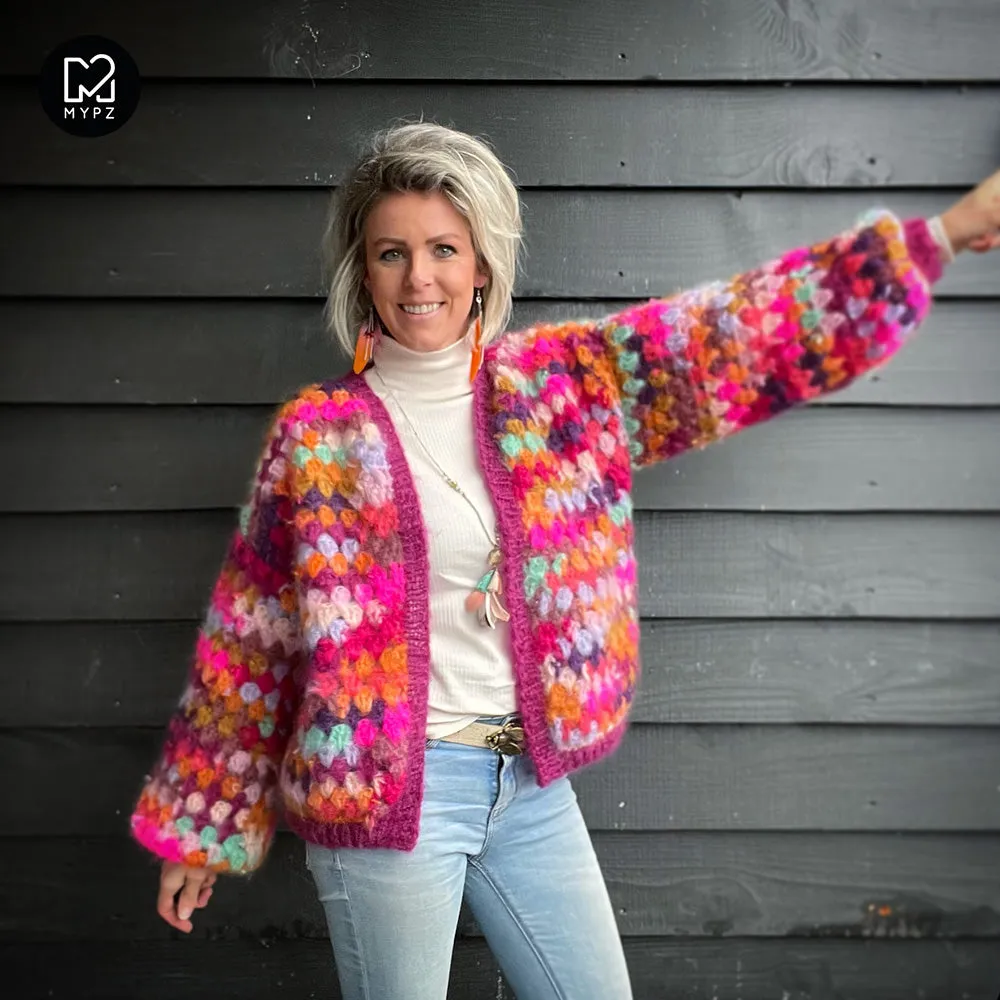 Crochet kit - MYPZ Short Mohair Granny stripes cardigan Desire (ENG-NL)