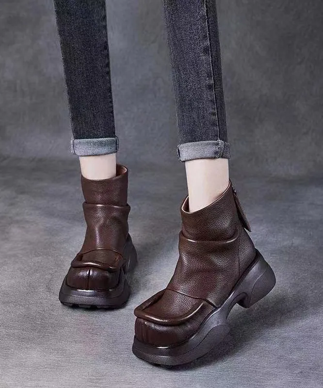 Dark Brown Boots Zippered Retro Splicing Platform Boots ML1724