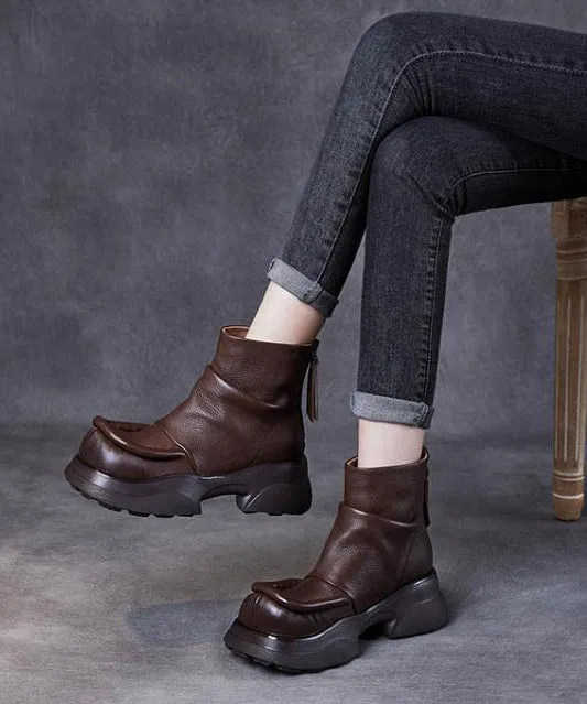 Dark Brown Boots Zippered Retro Splicing Platform Boots ML1724