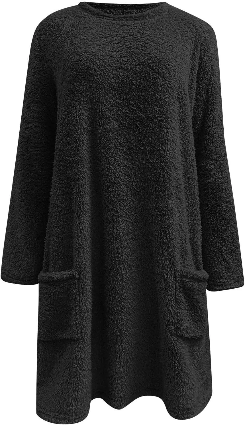 Fall Sweaters for Women 2024 Long Fuzzy Fleece Pullover Trendy Casual Crewneck Sweatshirt Shaggy Coat with Pockets