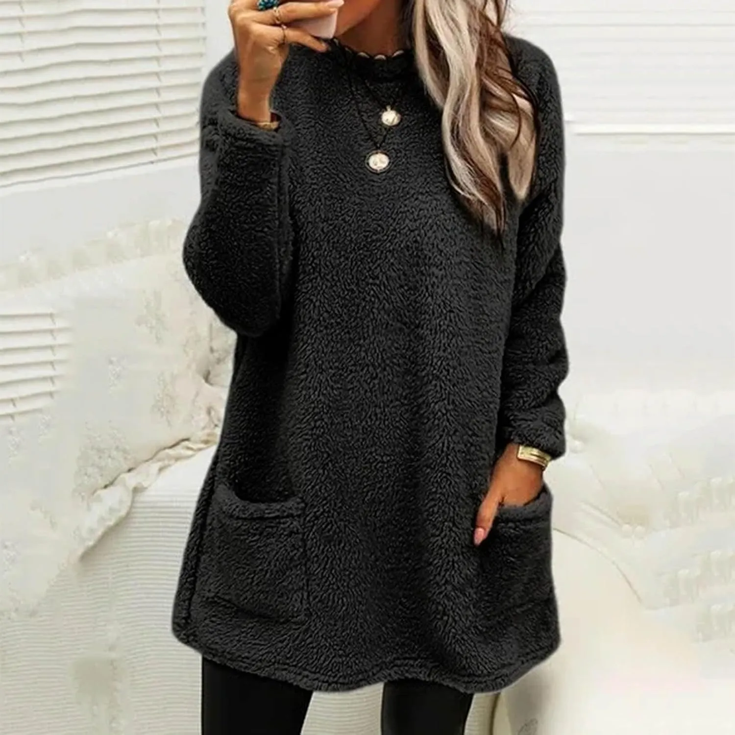 Fall Sweaters for Women 2024 Long Fuzzy Fleece Pullover Trendy Casual Crewneck Sweatshirt Shaggy Coat with Pockets