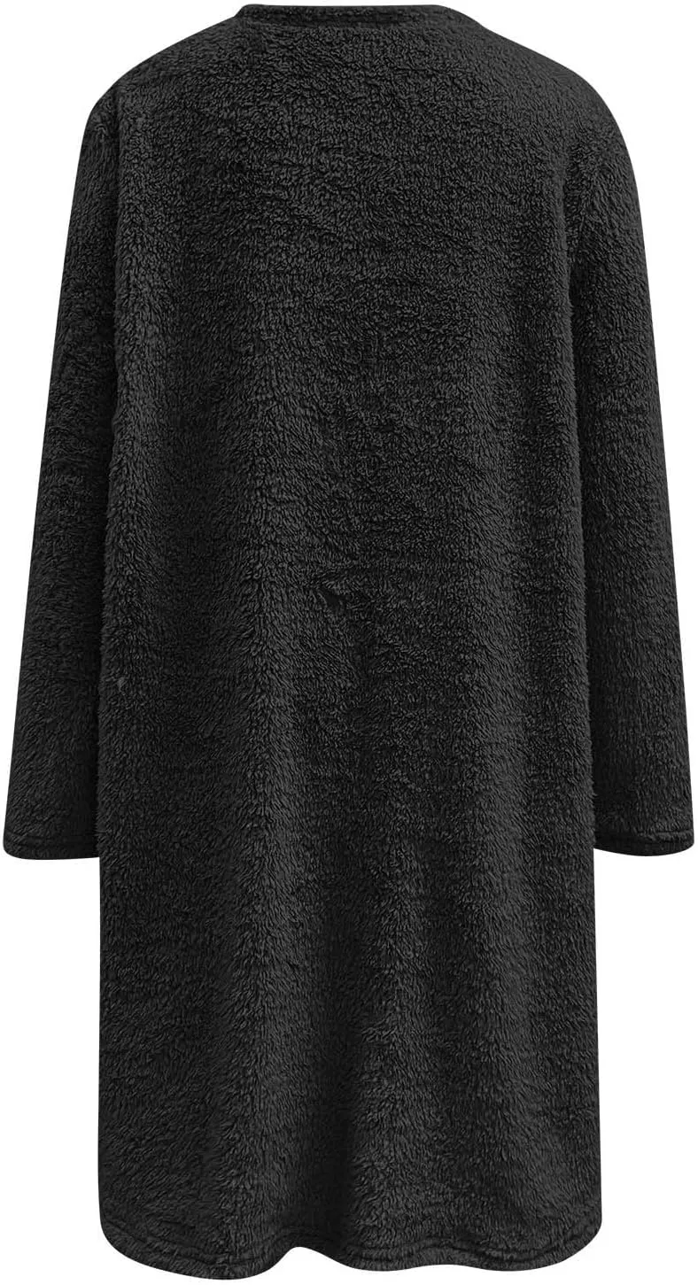 Fall Sweaters for Women 2024 Long Fuzzy Fleece Pullover Trendy Casual Crewneck Sweatshirt Shaggy Coat with Pockets