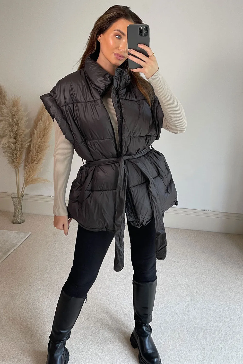 Flossie Black Belted Longline Puffer Gilet