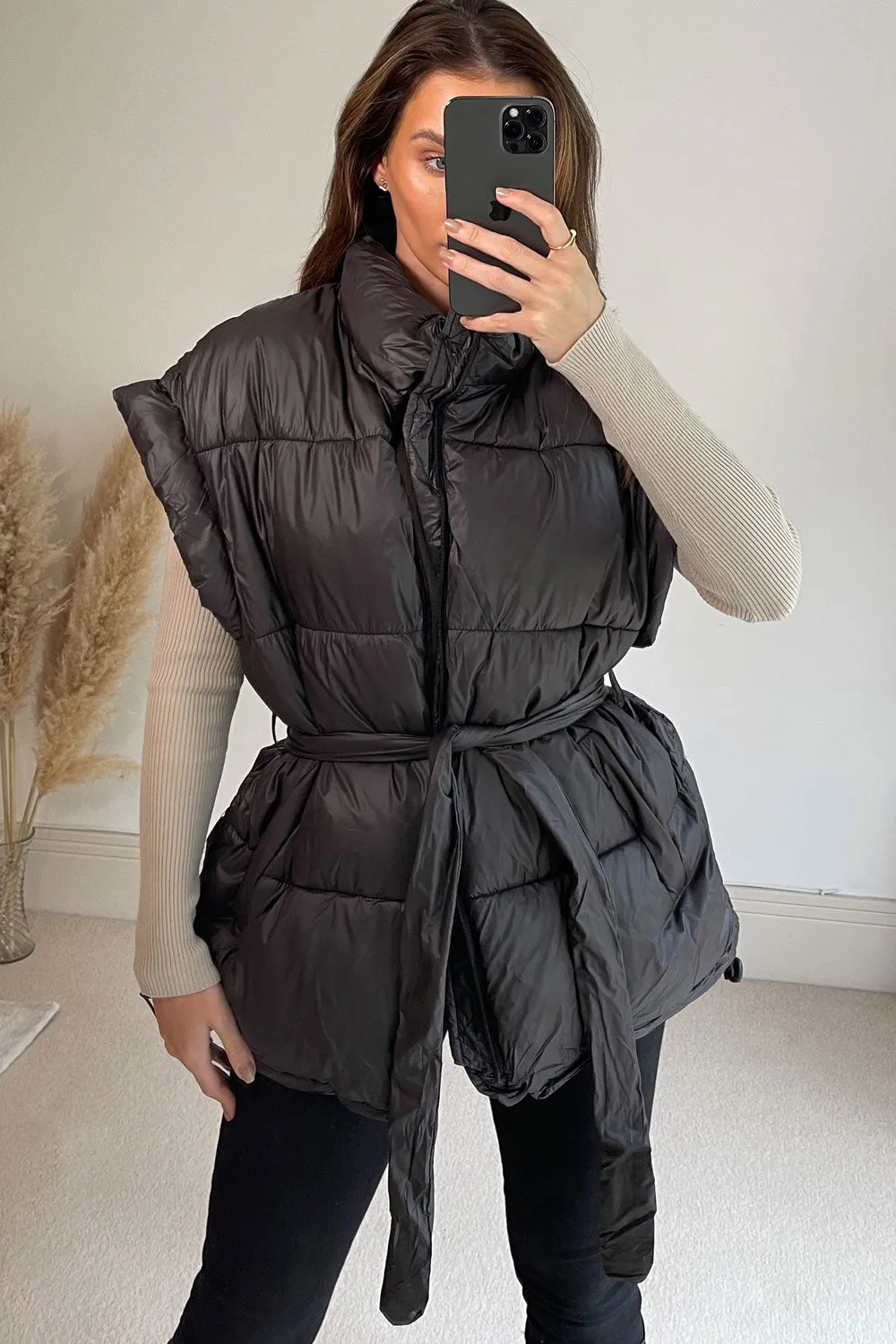 Flossie Black Belted Longline Puffer Gilet