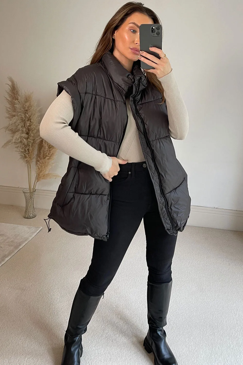 Flossie Black Belted Longline Puffer Gilet