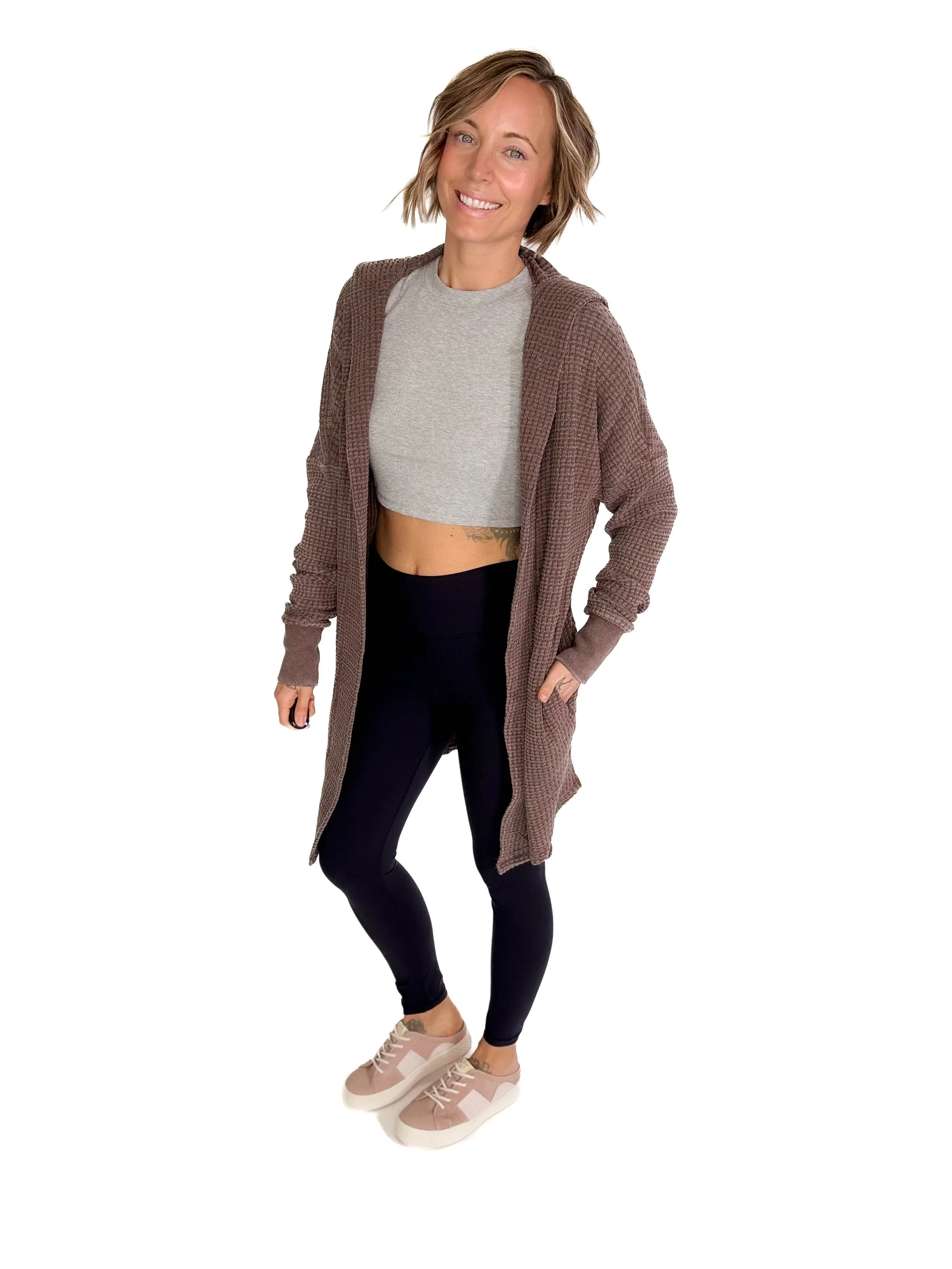 MONO B Freya Chunky Waffle Hooded Cardigan- ESPRESSO