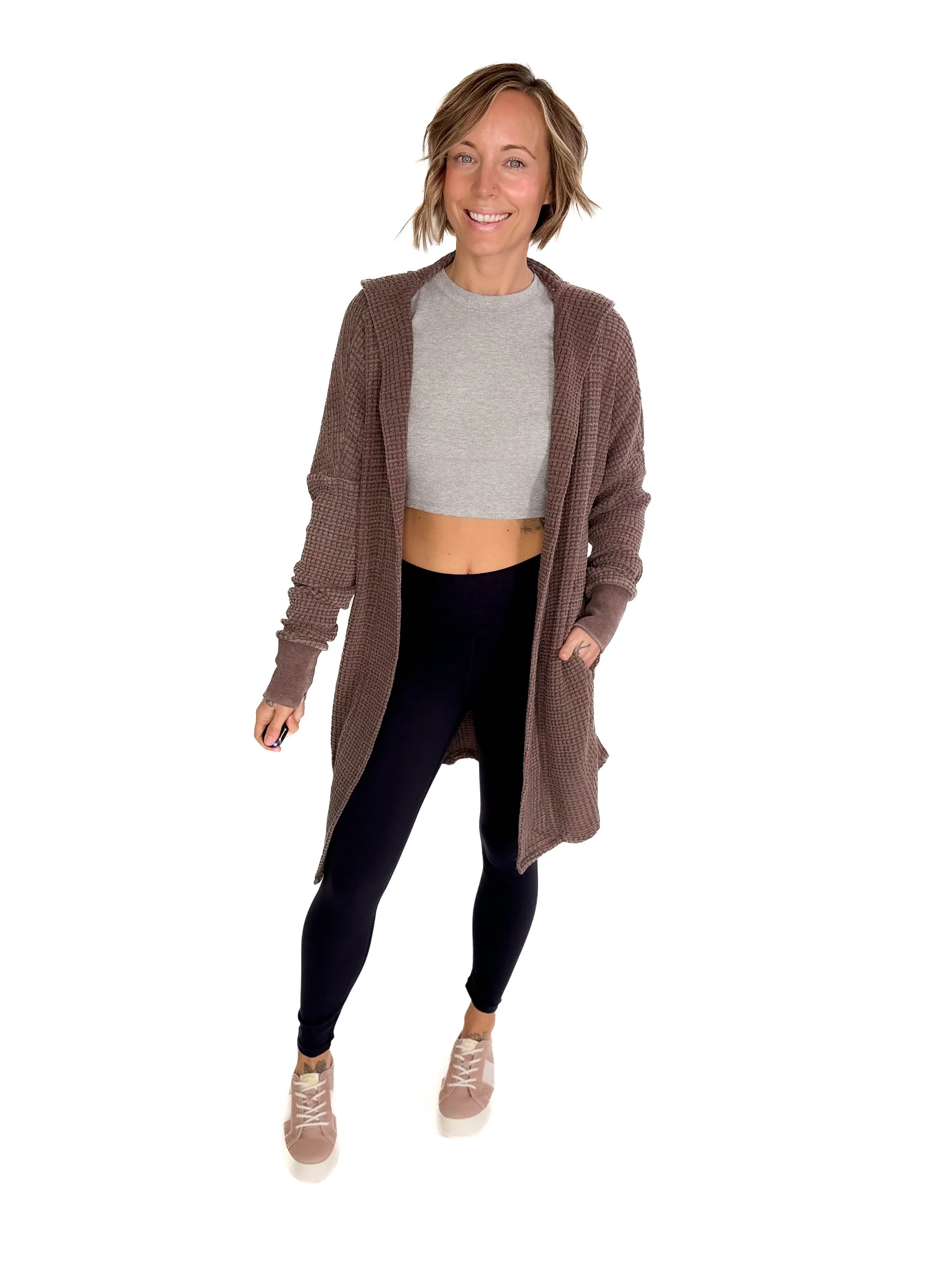 MONO B Freya Chunky Waffle Hooded Cardigan- ESPRESSO
