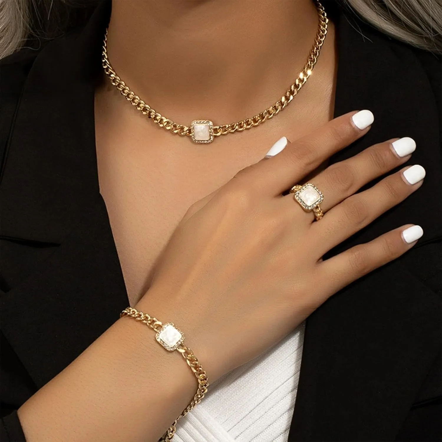 Otxas Chunky Gold Necklace for Women Chunky Heart Necklace and Bracelets Set Puffy Heart Necklace Silver Chunky Necklaces for Women Gold Jewelry Set