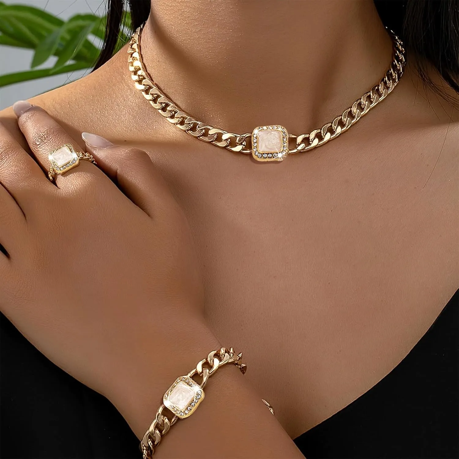 Otxas Chunky Gold Necklace for Women Chunky Heart Necklace and Bracelets Set Puffy Heart Necklace Silver Chunky Necklaces for Women Gold Jewelry Set
