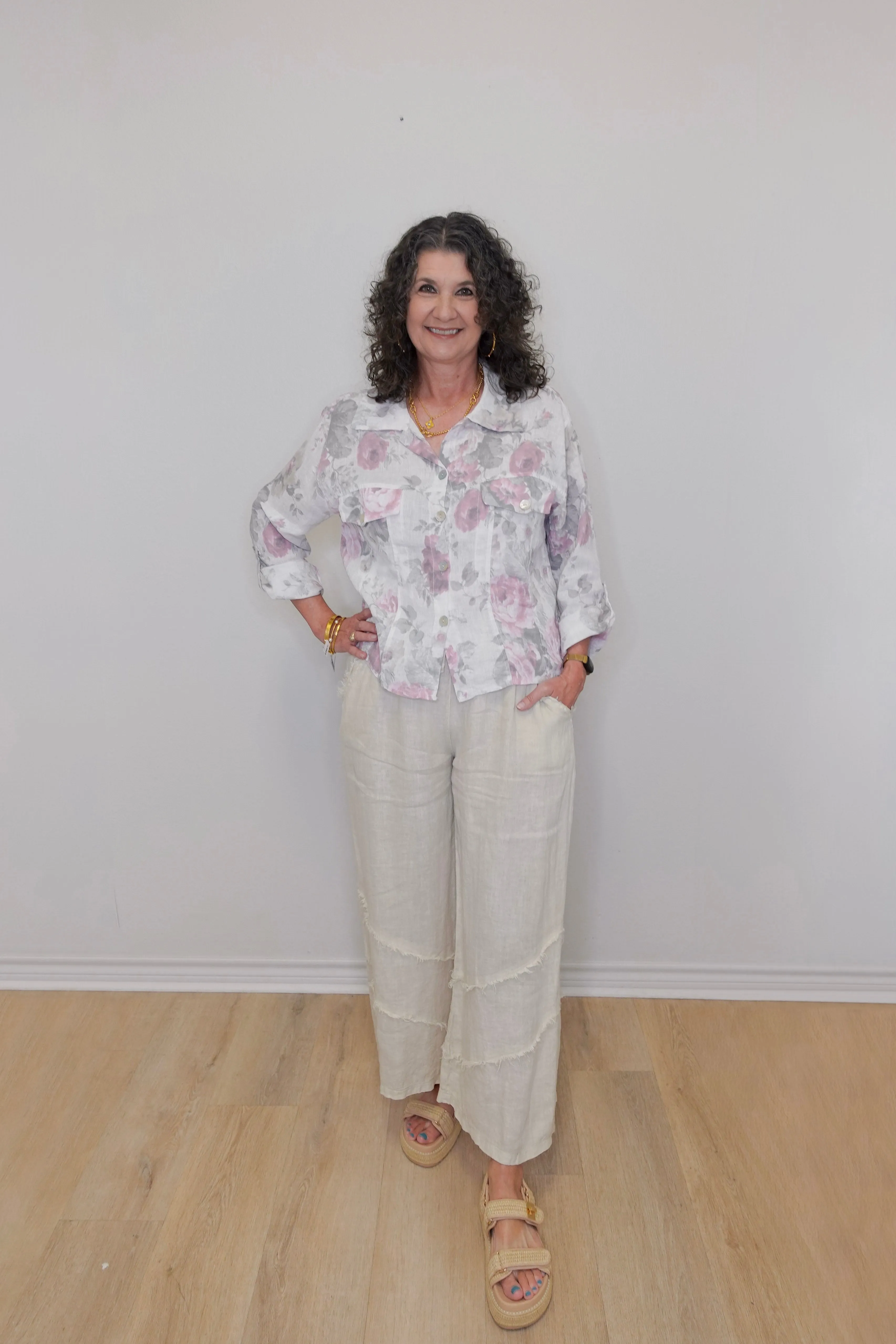 Vintage Linen Floral Button Down Top