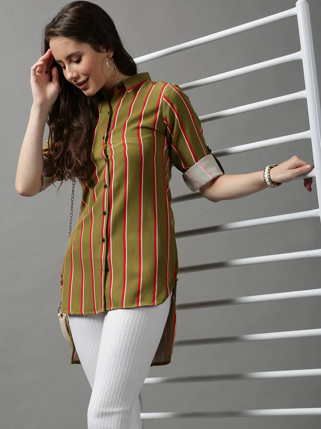 Women Green Striped Longline Shirt