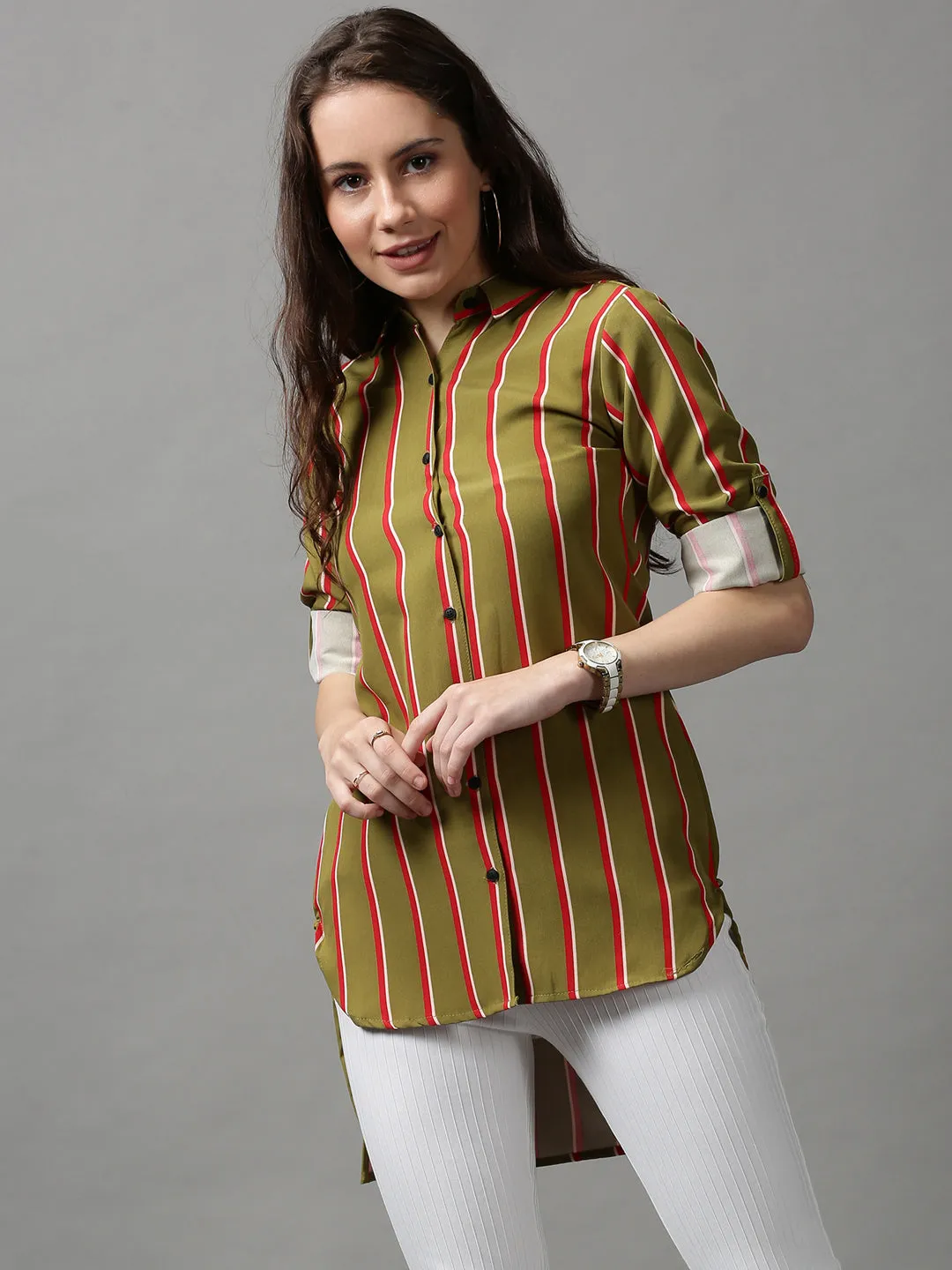 Women Green Striped Longline Shirt