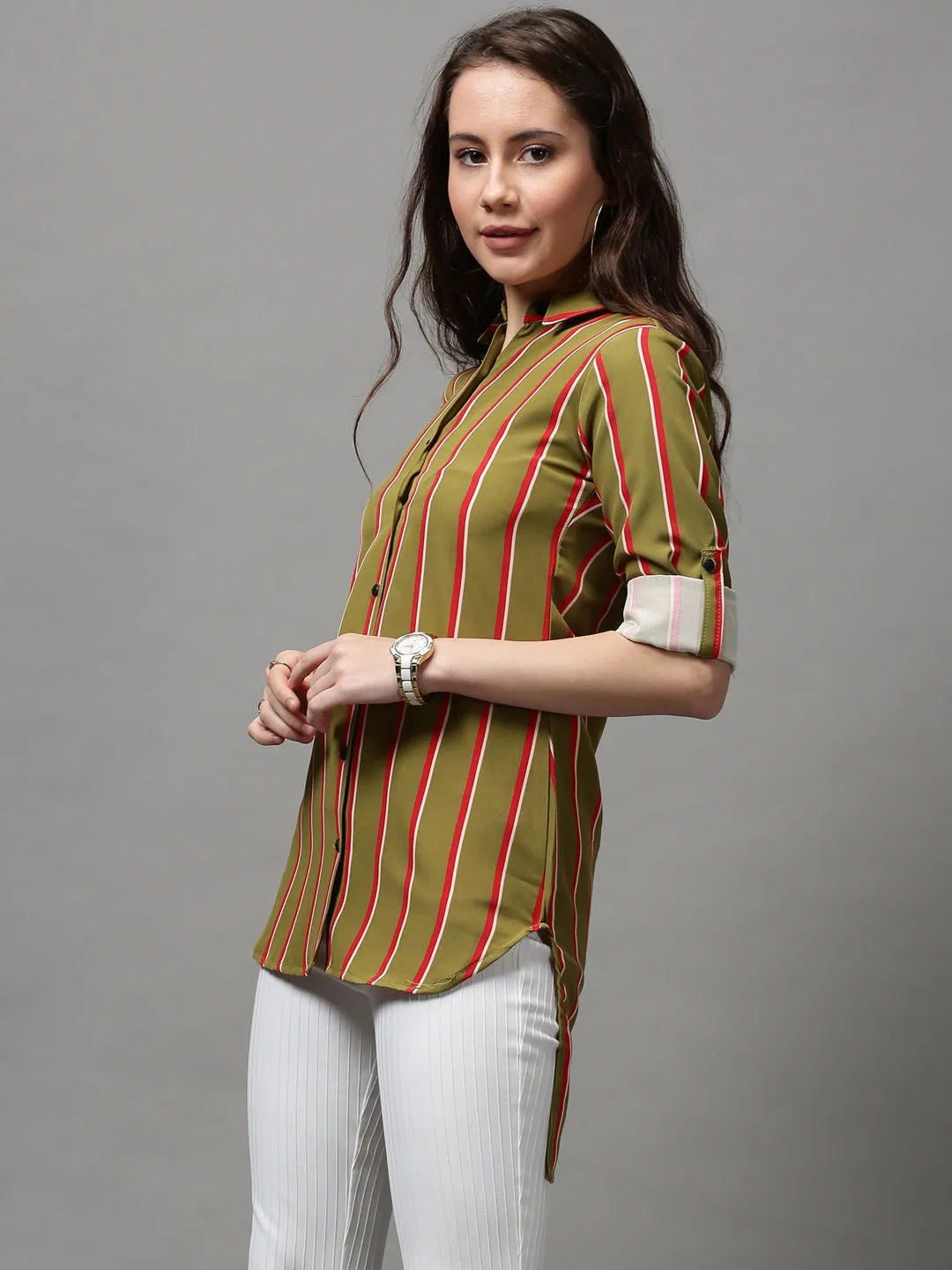 Women Green Striped Longline Shirt