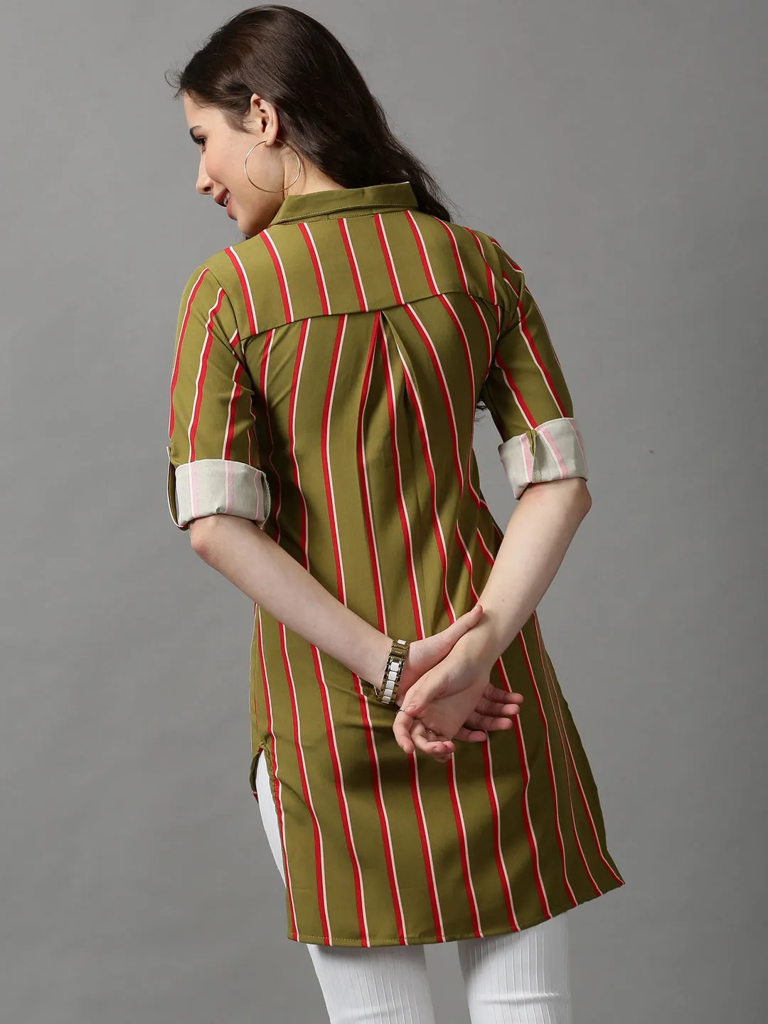 Women Green Striped Longline Shirt