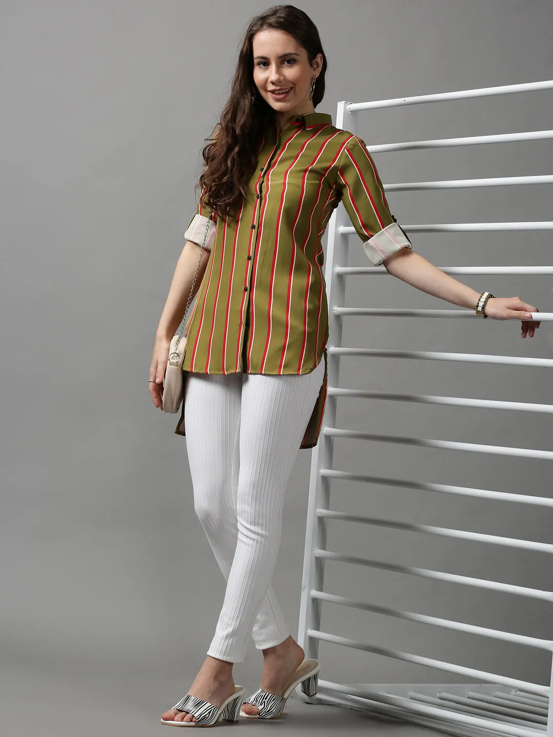 Women Green Striped Longline Shirt