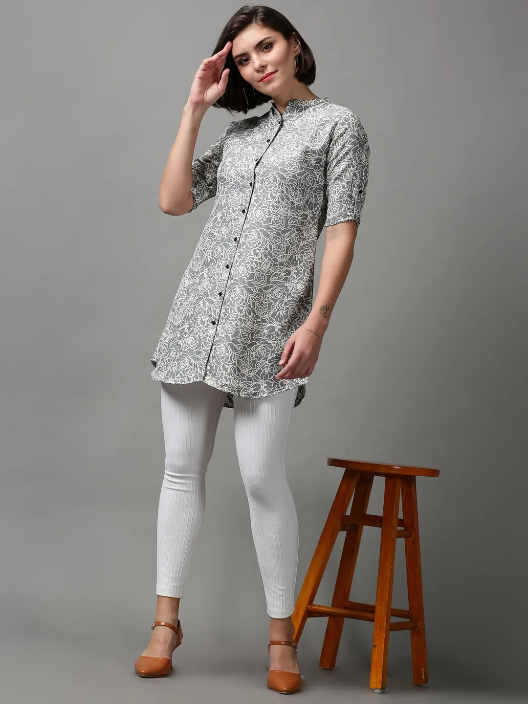 Women Grey Printed Longline Shirt