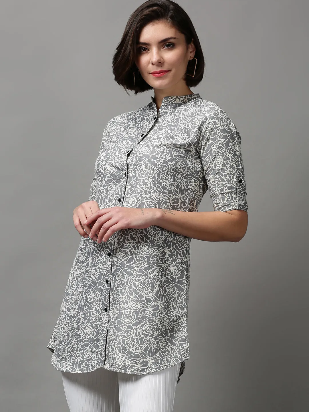Women Grey Printed Longline Shirt