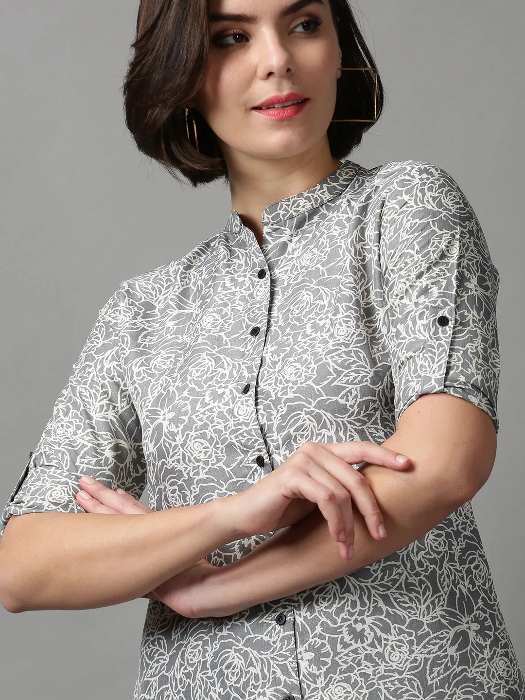 Women Grey Printed Longline Shirt