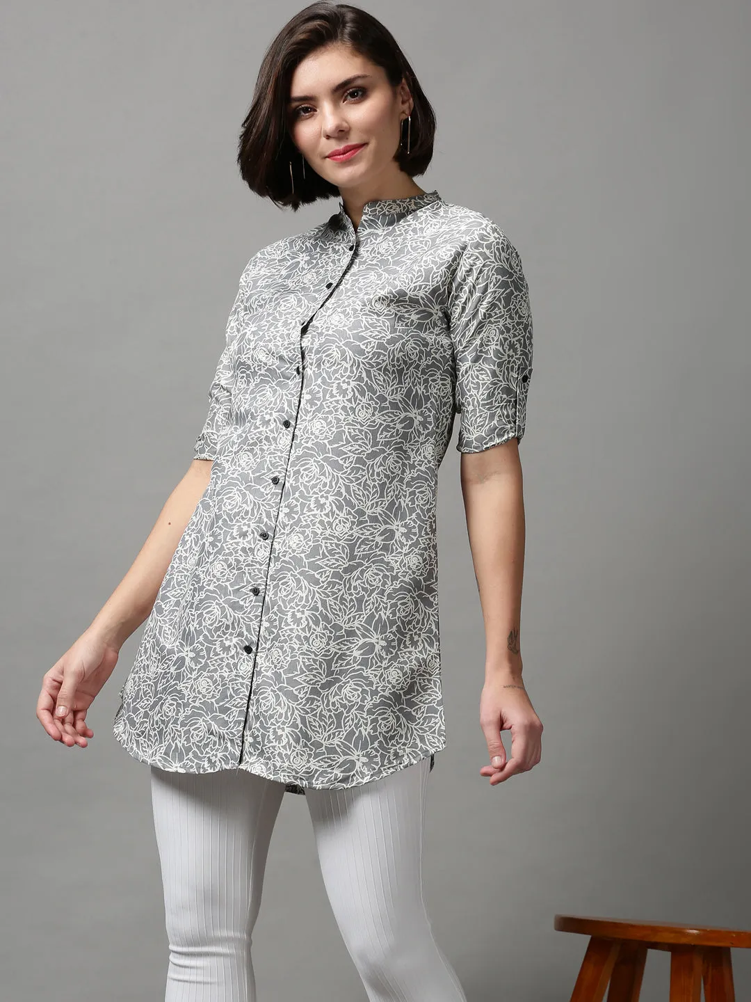Women Grey Printed Longline Shirt