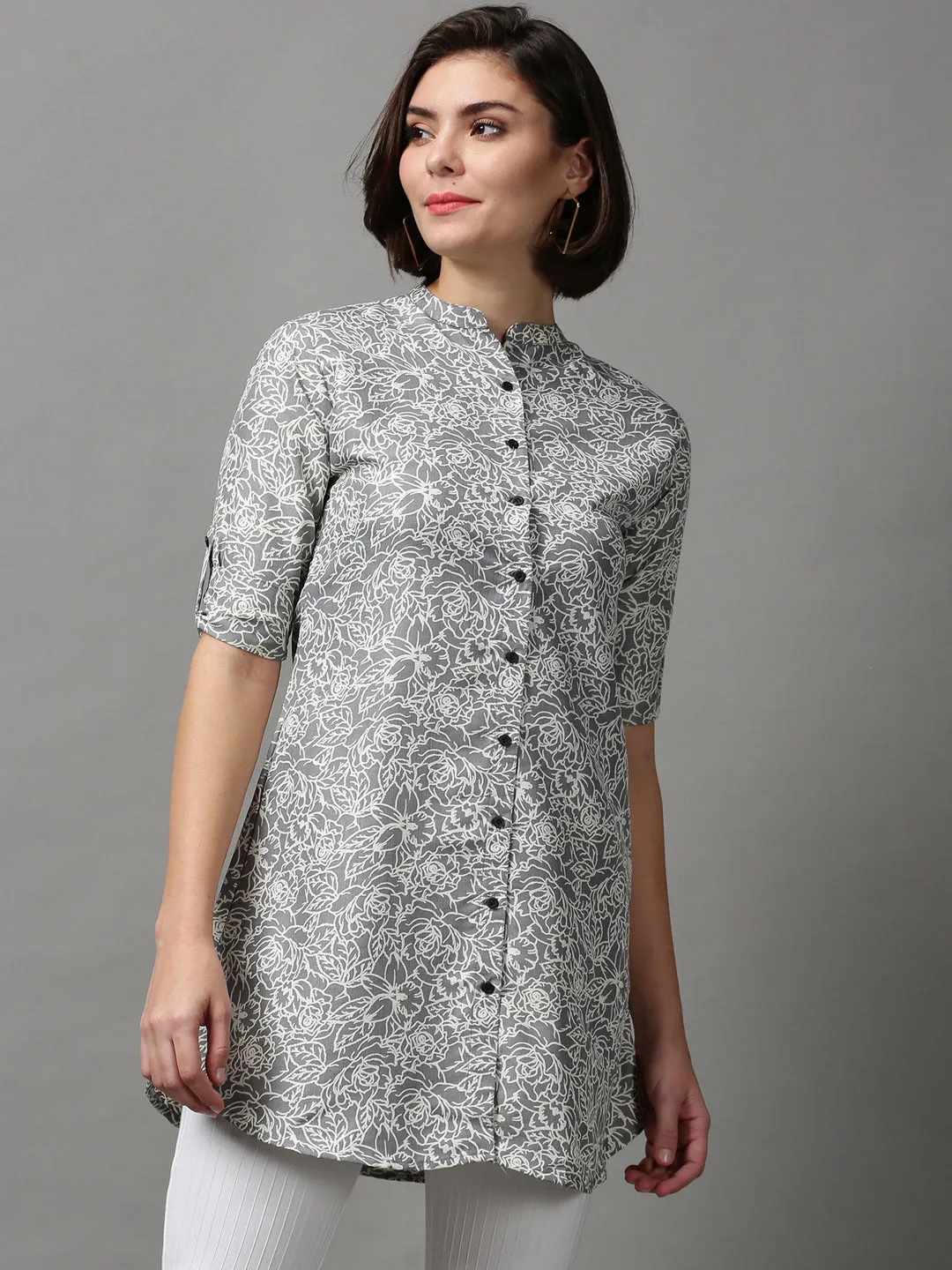 Women Grey Printed Longline Shirt