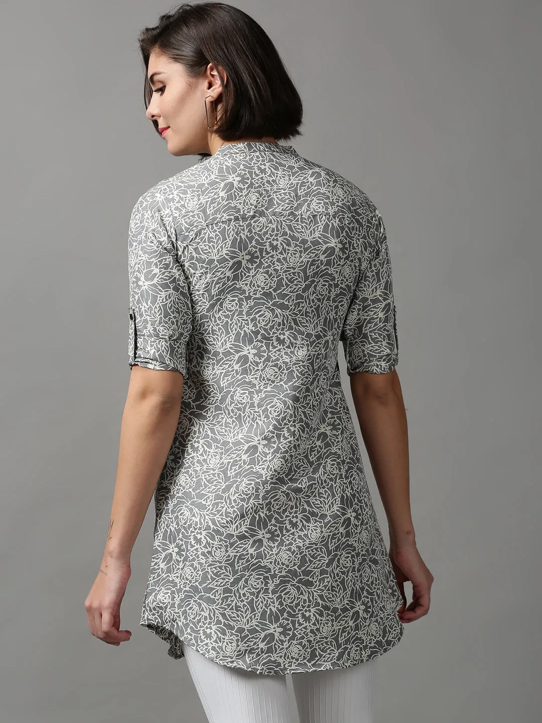Women Grey Printed Longline Shirt