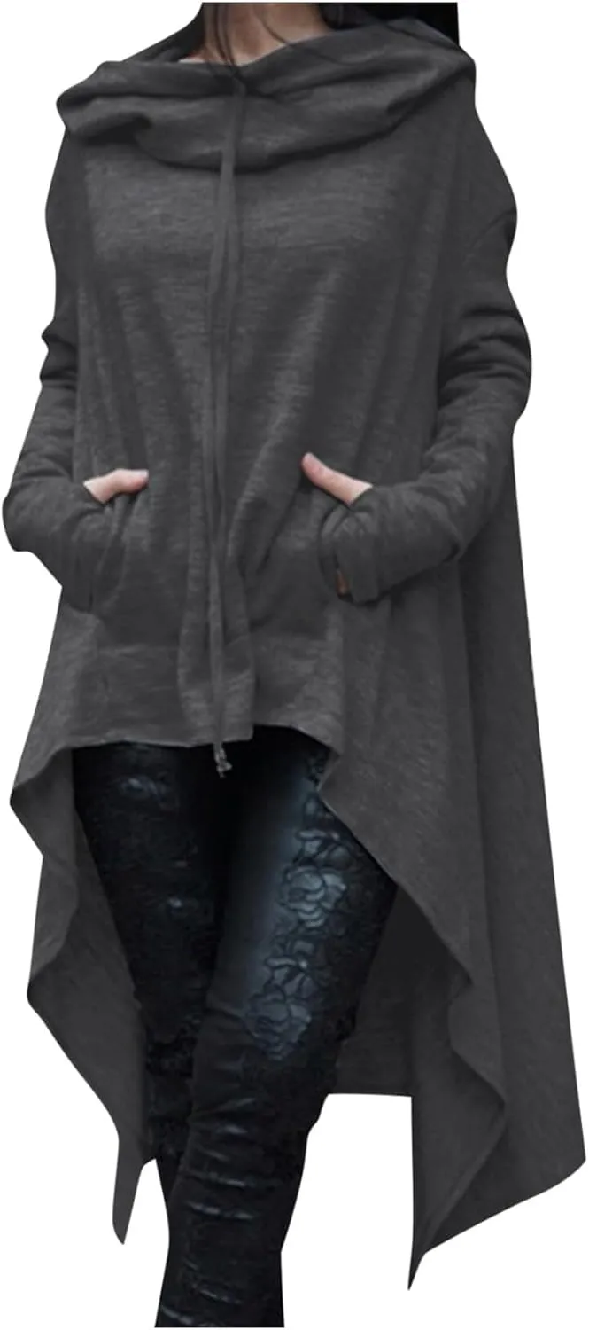 Women's Fashion Hoodies Sweatshirts Hi-Low Hem Pullover Sweatshirts Oversized Long Asymmetric Tunic Top with Pocket
