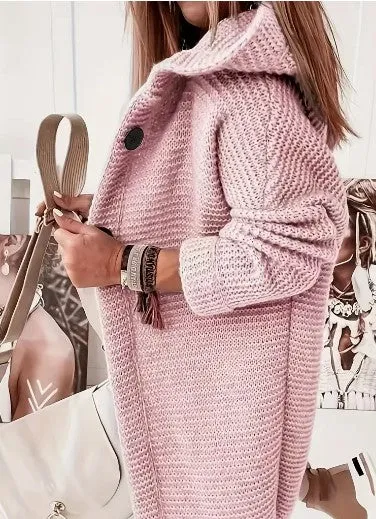 Womens Knitted Cardigan  Chunky Knit  Oversized Fit  Hooded  Long Sleeve  Button Front