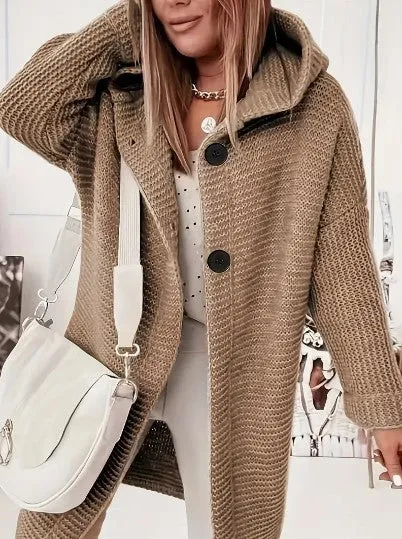Womens Knitted Cardigan  Chunky Knit  Oversized Fit  Hooded  Long Sleeve  Button Front