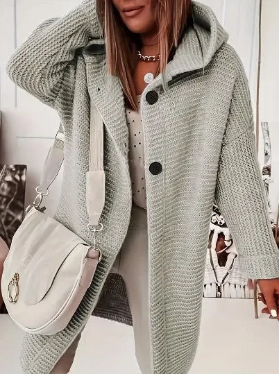 Womens Knitted Cardigan  Chunky Knit  Oversized Fit  Hooded  Long Sleeve  Button Front