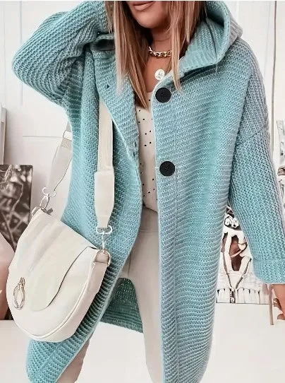 Womens Knitted Cardigan  Chunky Knit  Oversized Fit  Hooded  Long Sleeve  Button Front