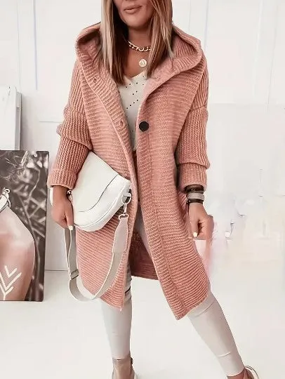Womens Knitted Cardigan  Chunky Knit  Oversized Fit  Hooded  Long Sleeve  Button Front