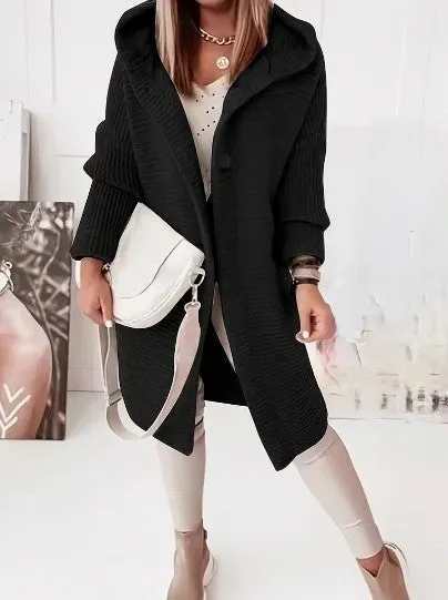Womens Knitted Cardigan  Chunky Knit  Oversized Fit  Hooded  Long Sleeve  Button Front