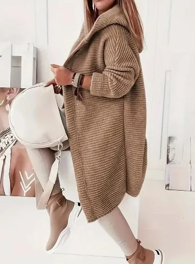 Womens Knitted Cardigan  Chunky Knit  Oversized Fit  Hooded  Long Sleeve  Button Front