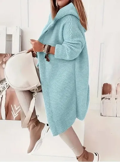 Womens Knitted Cardigan  Chunky Knit  Oversized Fit  Hooded  Long Sleeve  Button Front