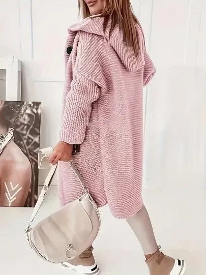 Womens Knitted Cardigan  Chunky Knit  Oversized Fit  Hooded  Long Sleeve  Button Front