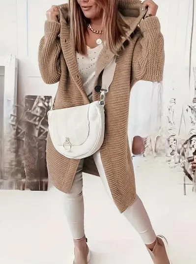 Womens Knitted Cardigan  Chunky Knit  Oversized Fit  Hooded  Long Sleeve  Button Front