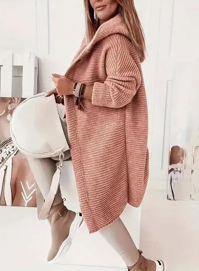 Womens Knitted Cardigan  Chunky Knit  Oversized Fit  Hooded  Long Sleeve  Button Front