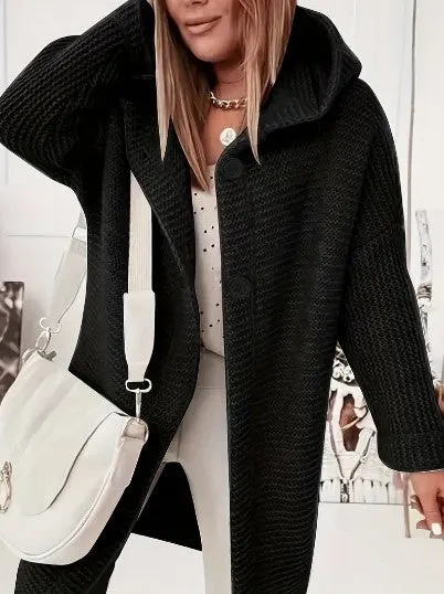 Womens Knitted Cardigan  Chunky Knit  Oversized Fit  Hooded  Long Sleeve  Button Front