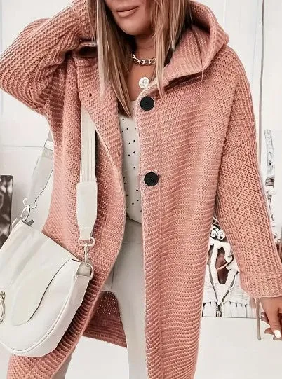 Womens Knitted Cardigan  Chunky Knit  Oversized Fit  Hooded  Long Sleeve  Button Front