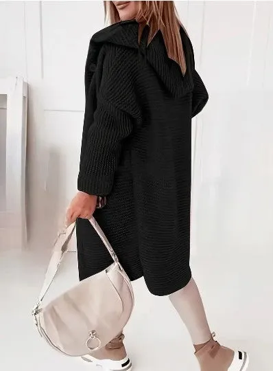 Womens Knitted Cardigan  Chunky Knit  Oversized Fit  Hooded  Long Sleeve  Button Front