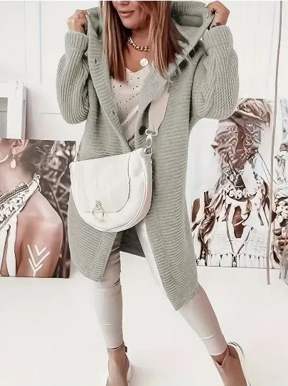 Womens Knitted Cardigan  Chunky Knit  Oversized Fit  Hooded  Long Sleeve  Button Front