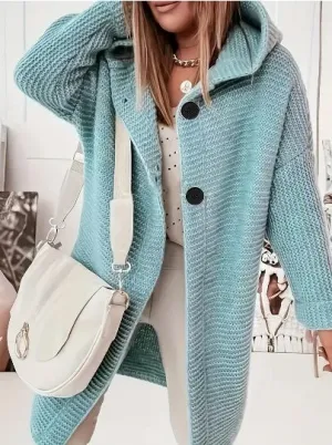 Womens Knitted Cardigan  Chunky Knit  Oversized Fit  Hooded  Long Sleeve  Button Front