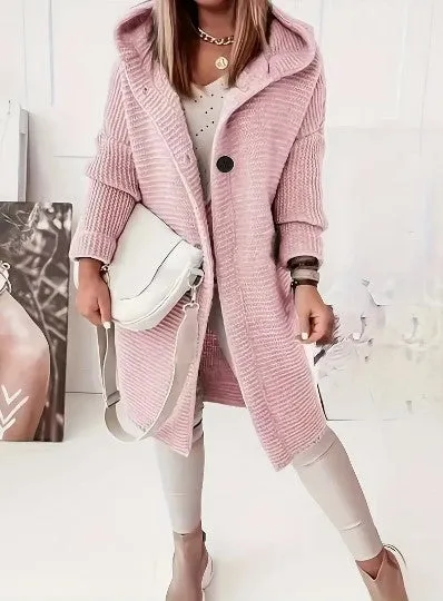 Womens Knitted Cardigan  Chunky Knit  Oversized Fit  Hooded  Long Sleeve  Button Front