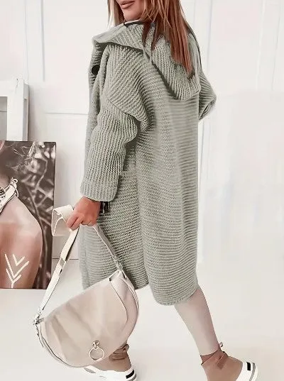 Womens Knitted Cardigan  Chunky Knit  Oversized Fit  Hooded  Long Sleeve  Button Front