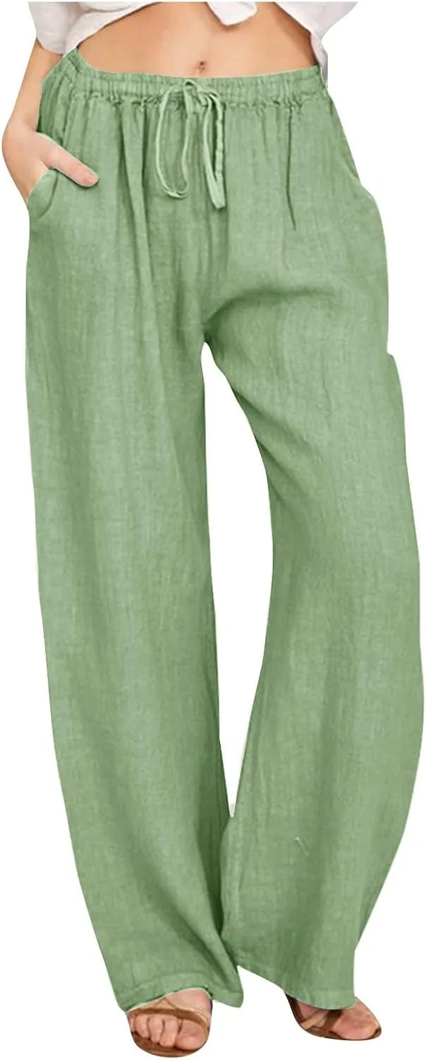 Women's Linen Palazzo Pants Casual Drawstring Elastic Waist Trousers Loose Fit Cotton Blend Loose Athletic Pants