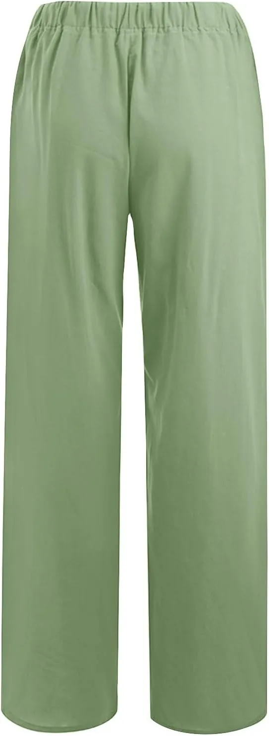 Women's Linen Palazzo Pants Casual Drawstring Elastic Waist Trousers Loose Fit Cotton Blend Loose Athletic Pants